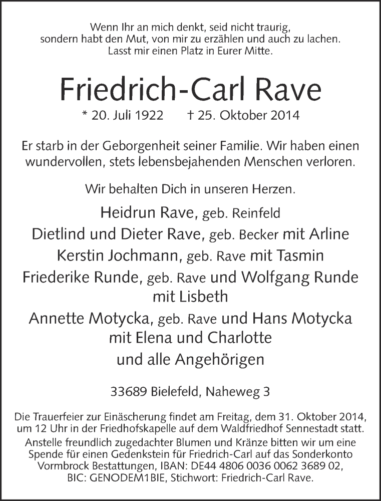  Traueranzeige für Friedrich-Carl Rave vom 28.10.2014 aus Neue Westfälische