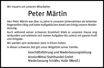 Traueranzeige von Peter Märtin von Neue Westfälische