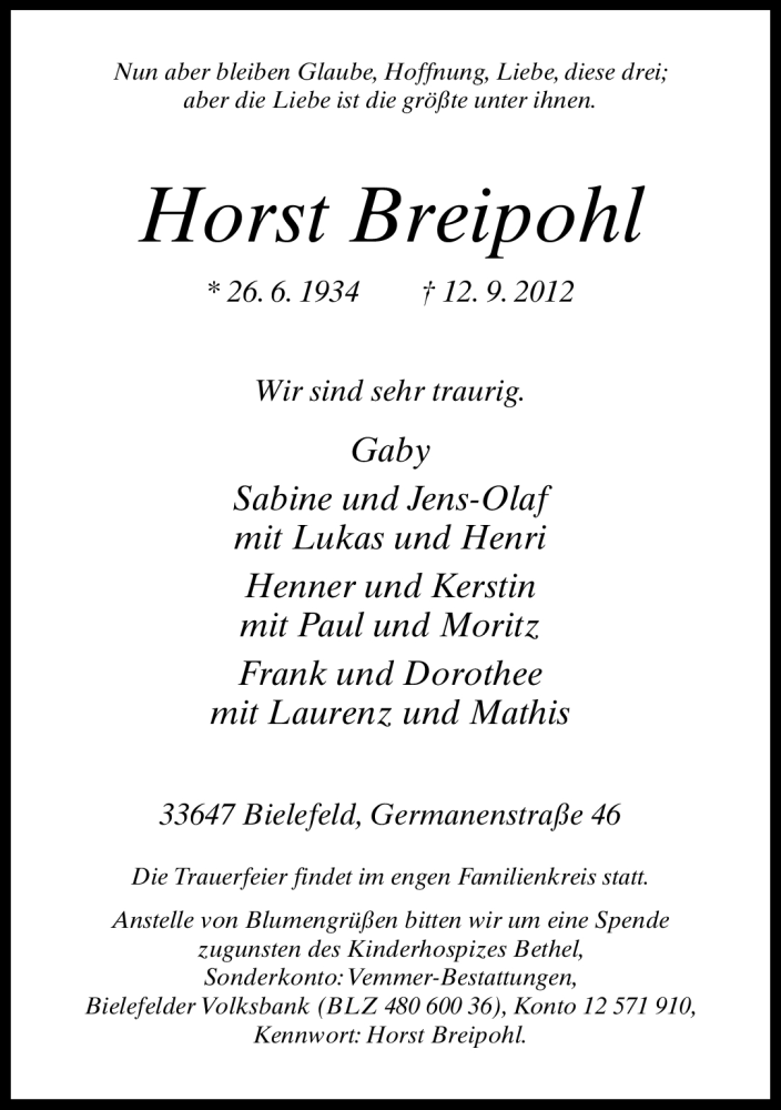  Traueranzeige für Horst Breipohl vom 15.09.2012 aus Neue Westfälische