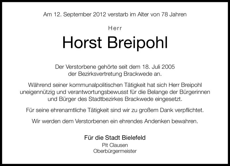  Traueranzeige für Horst Breipohl vom 18.09.2012 aus Neue Westfälische