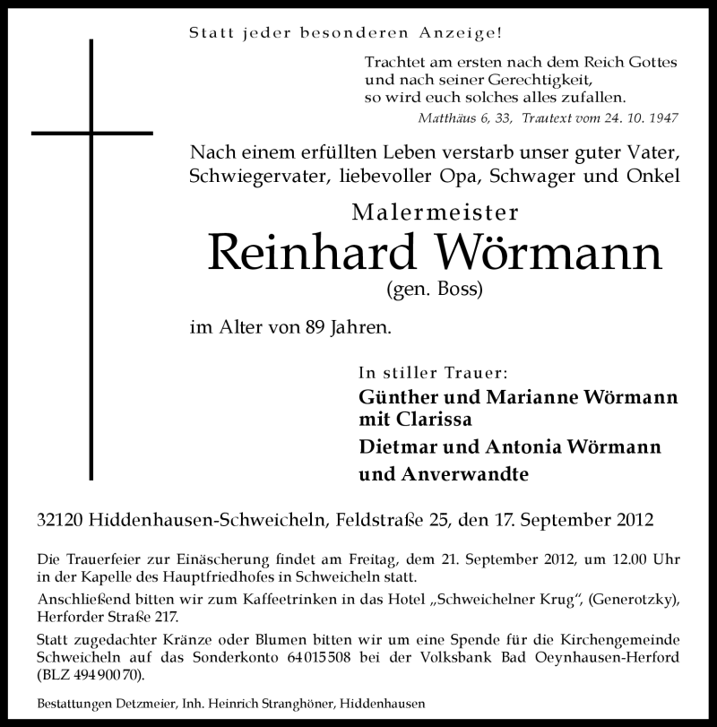  Traueranzeige für Reinhard Wörmann vom 19.09.2012 aus Neue Westfälische