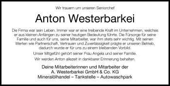 Traueranzeige von Anton Westerbarkei von Neue Westfälische