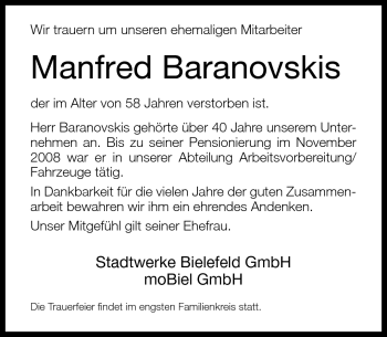 Traueranzeige von Manfred Baranovskis von Neue Westfälische