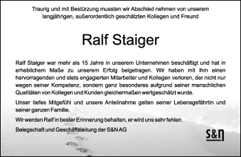 Traueranzeige von Ralf Staiger von Neue Westfälische