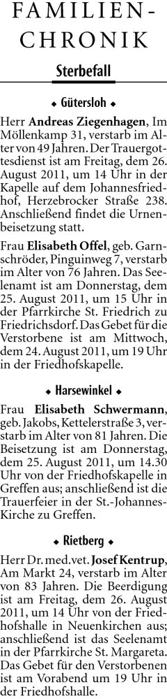  Traueranzeige für Andreas Ziegenhagen vom 24.08.2011 aus Neue Westfälische