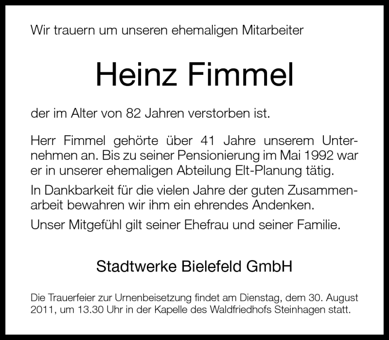  Traueranzeige für Heinz Fimmel vom 24.08.2011 aus Neue Westfälische