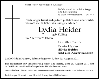 Traueranzeige von Lydia Heider von Neue Westfälische