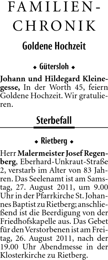 Traueranzeige von Josef Regenberg von Neue Westfälische