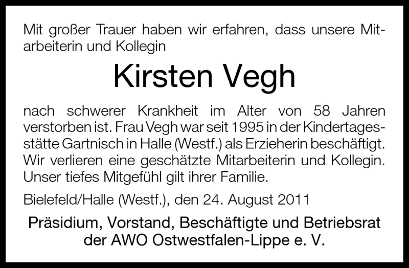  Traueranzeige für Kirsten Vegh vom 25.08.2011 aus Neue Westfälische