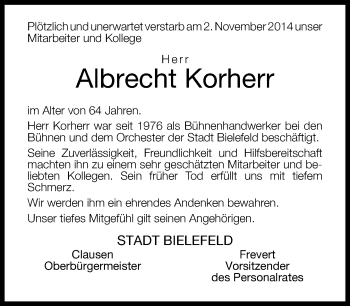 Traueranzeige von Albrecht Korherr von Neue Westfälische