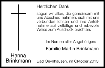 Traueranzeige von Hanna Brinkmann von Neue Westfälische