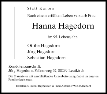 Traueranzeige von Hanna Hagedorn von Neue Westfälische