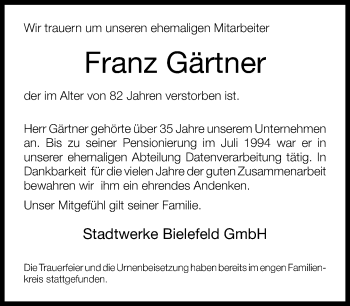 Traueranzeige von Franz Gärtner von Neue Westfälische