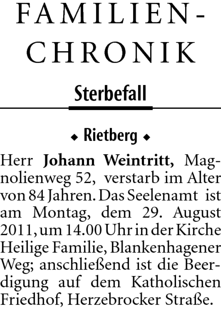  Traueranzeige für Johann Weintritt vom 27.08.2011 aus Neue Westfälische