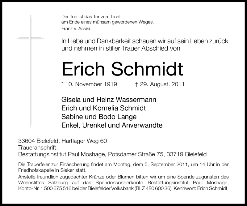  Traueranzeige für Erich Schmidt vom 31.08.2011 aus Neue Westfälische