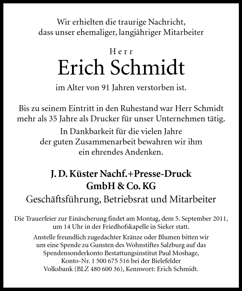  Traueranzeige für Erich Schmidt vom 31.08.2011 aus Neue Westfälische