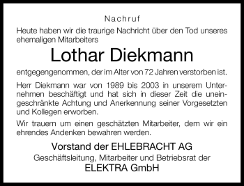 Traueranzeige von Lothar Diekmann von Neue Westfälische