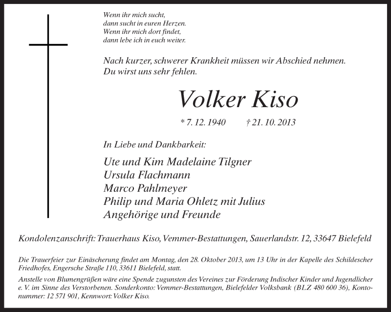  Traueranzeige für Volker Kiso vom 26.10.2013 aus Neue Westfälische