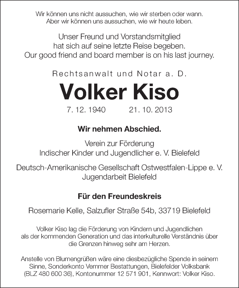  Traueranzeige für Volker Kiso vom 26.10.2013 aus Neue Westfälische
