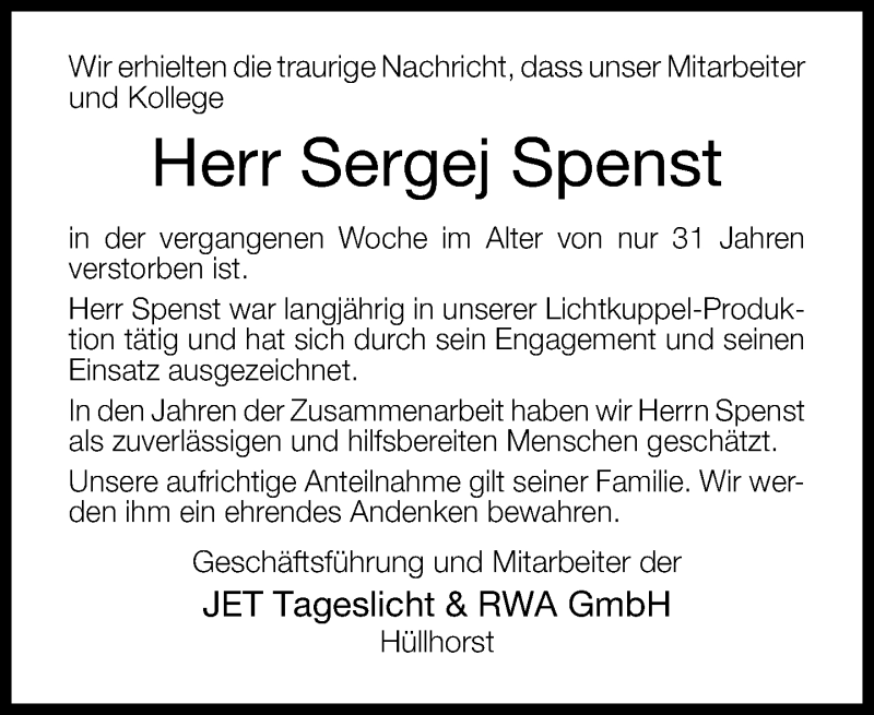  Traueranzeige für Sergej Spenst vom 18.11.2014 aus Neue Westfälische