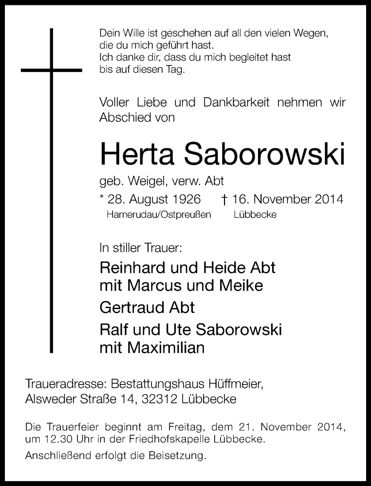  Traueranzeige für Herta Saborowski vom 19.11.2014 aus Neue Westfälische