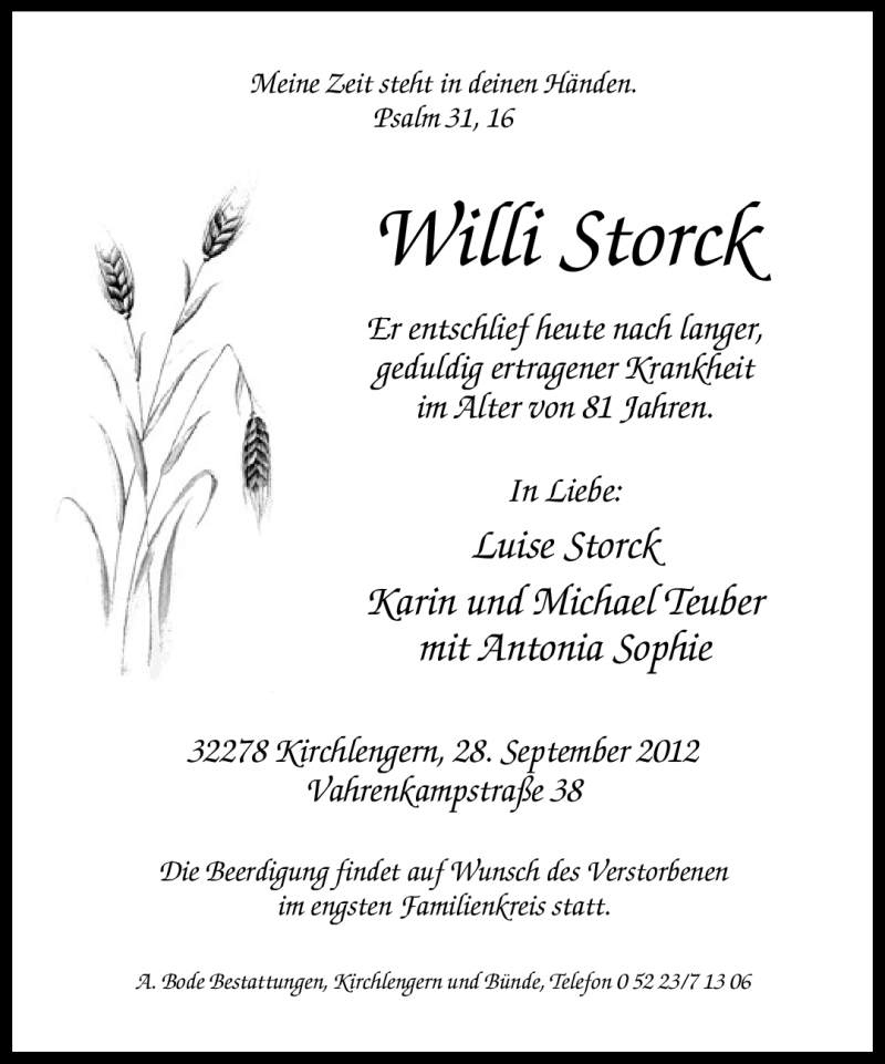  Traueranzeige für Willi Storck vom 29.09.2012 aus Neue Westfälische