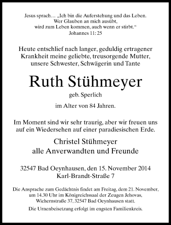 Traueranzeige von Ruth Stühmeyer von Neue Westfälische