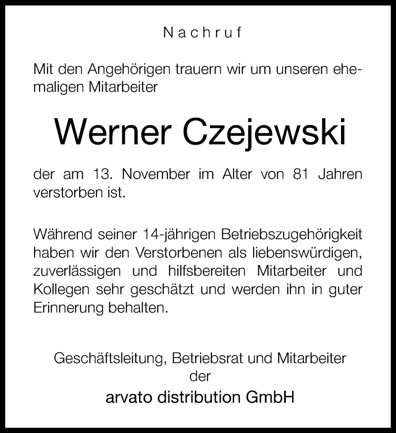  Traueranzeige für Werner  Czejewski vom 19.11.2014 aus Neue Westfälische