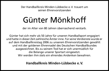 Traueranzeige von Günter Mönkhoff von Neue Westfälische