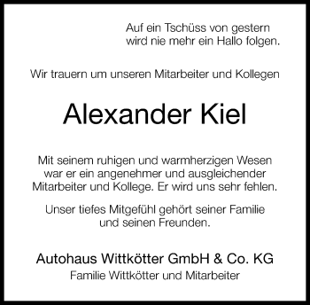 Traueranzeige von Alexander Kiel von Neue Westfälische