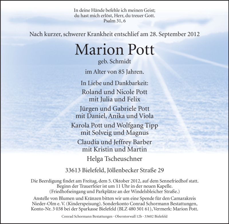  Traueranzeige für Marion Pott vom 02.10.2012 aus Neue Westfälische