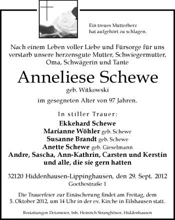Traueranzeige von Anneliese Schewe von Neue Westfälische