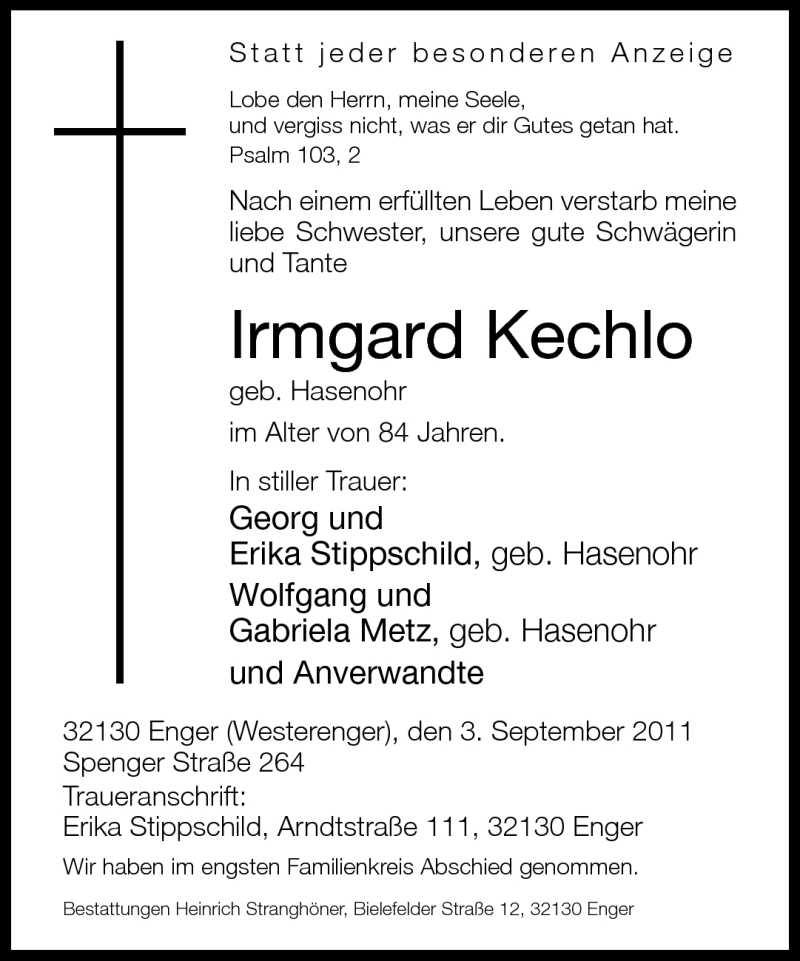  Traueranzeige für Irmgard Kechlo vom 07.09.2011 aus Neue Westfälische