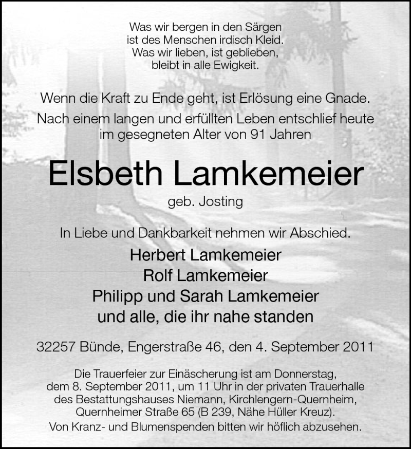  Traueranzeige für Elsbeth Lamkemeier vom 06.09.2011 aus Neue Westfälische