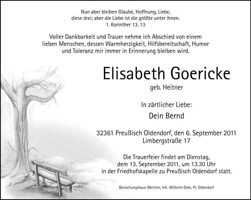  Traueranzeige für Elisabeth Goericke vom 08.09.2011 aus Neue Westfälische