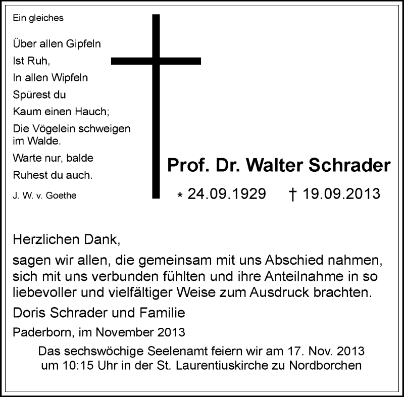  Traueranzeige für Walter Schrader vom 09.11.2013 aus Neue Westfälische