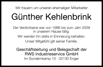Traueranzeige von Günther Kehlenbrink von Neue Westfälische