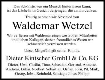 Traueranzeige von Waldemar Wetzel von Neue Westfälische