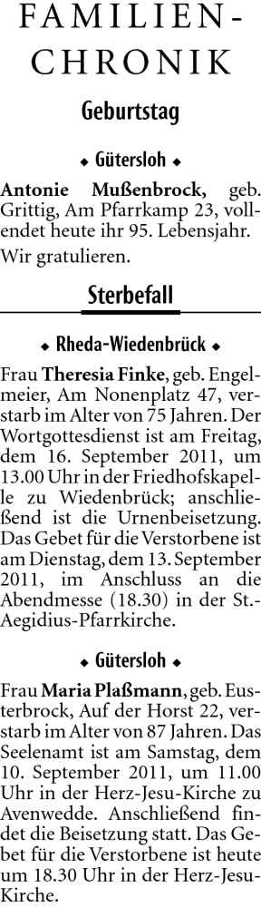 Traueranzeige von Theresia Finke von Neue Westfälische