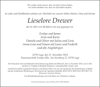 Traueranzeige von Lieselore Drewer von Neue Westfälische