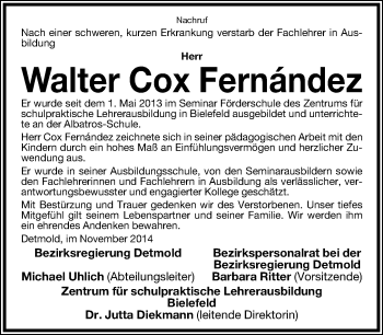 Traueranzeige von Walter  Cox Fernández von Neue Westfälische