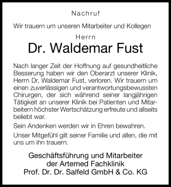 Traueranzeige von Waldemar Fust von Neue Westfälische