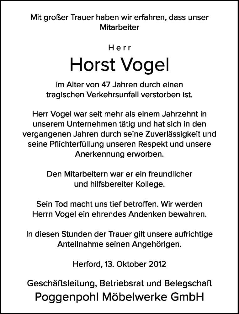  Traueranzeige für Horst Vogel vom 13.10.2012 aus Neue Westfälische