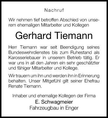 Traueranzeige von Gerhard Tiemann von Neue Westfälische