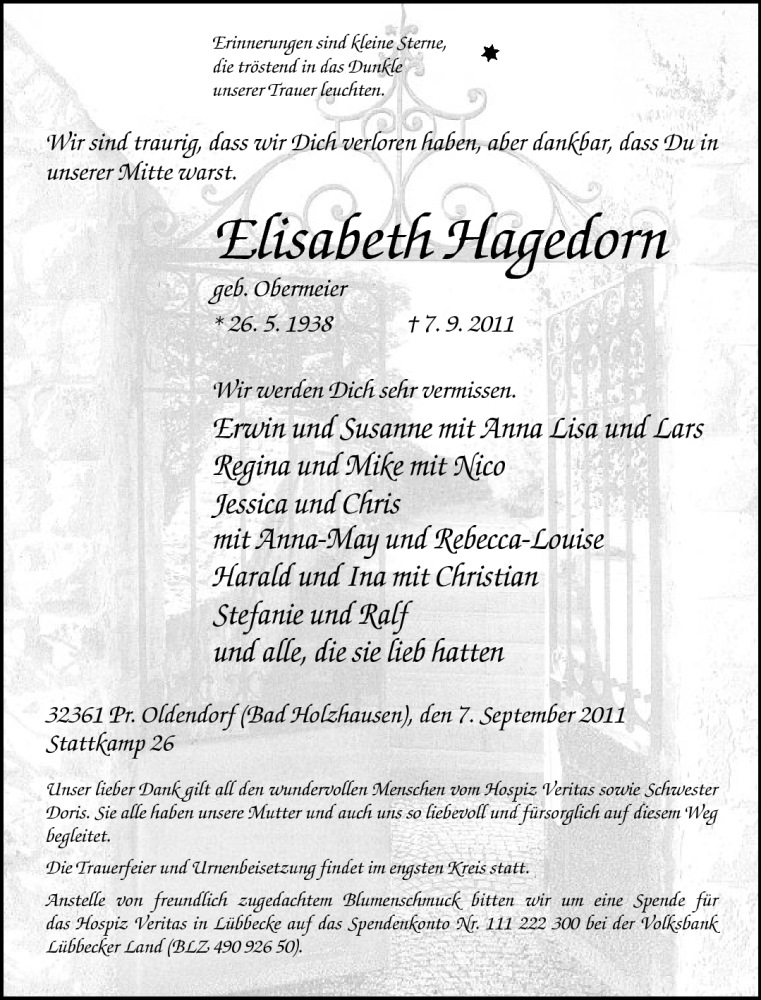  Traueranzeige für Elisabeth Hagedorn vom 10.09.2011 aus Neue Westfälische