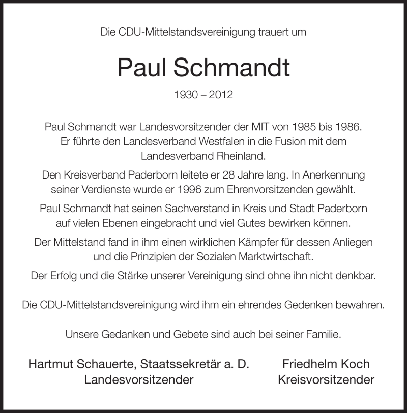  Traueranzeige für Paul Schmandt vom 13.10.2012 aus Neue Westfälische