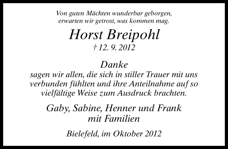  Traueranzeige für Horst Breipohl vom 13.10.2012 aus Neue Westfälische