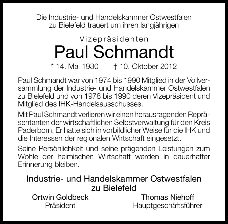  Traueranzeige für Paul Schmandt vom 15.10.2012 aus Neue Westfälische