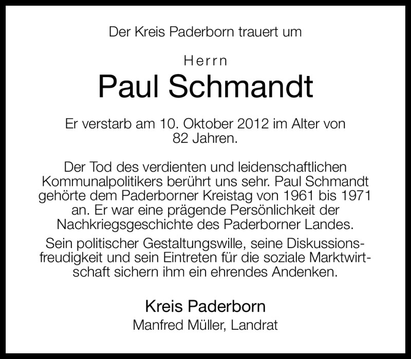  Traueranzeige für Paul Schmandt vom 16.10.2012 aus Neue Westfälische