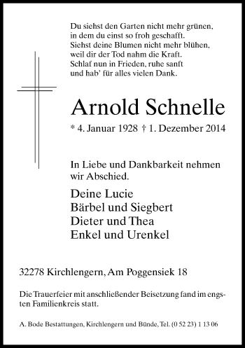 Traueranzeige von Arnold Schnelle von Neue Westfälische